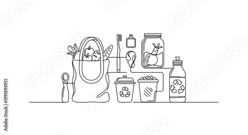Minimalist line art illustration of zero waste and sustainable living icons.