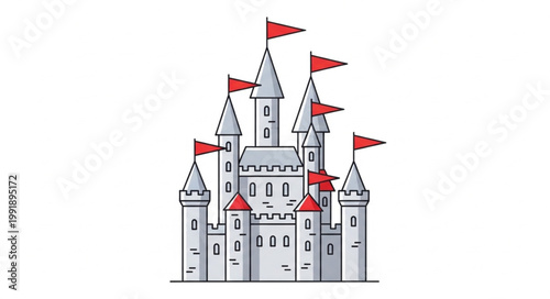 Fairytale Castle with Red Flags on Towers.