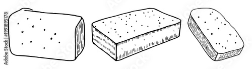 Kitchen sponge set with black line art on white background featuring cleaning, household, laundry with simple illustration and vector