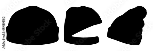 Beanie set with black silhouette on white background featuring winter hat, fashion accessory, headwear with silhouette and fashion illustration