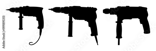 Electric drill set with black silhouette and white background featuring electrical tool, cordless drill, power tool with black design and white backdrop