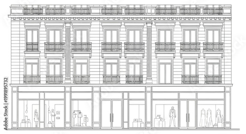 Detailed architectural line drawing of a classical building facade featuring ground floor shops and multiple upper-story windows with balconies.