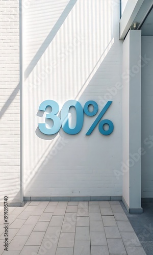 Bold 30% Discount Sign on White Brick Wall with Sunlight