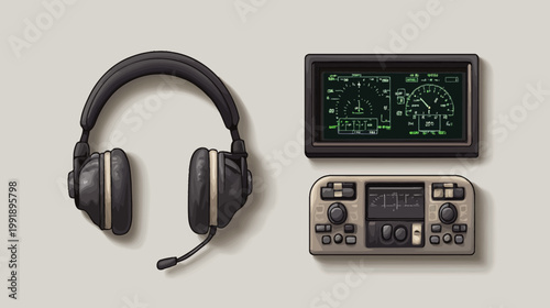 Digitally created illustration showcasing aviation equipment, including a headset, displays, and control panels