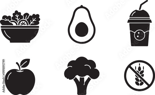 Healthy food and drink icons with one restricted item silhouette vector icon