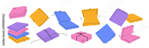 Pizza delivery bright boxes. Vector illustration set. Fast food take away packaging. Empty package for restaurant and pizzeria promo.
