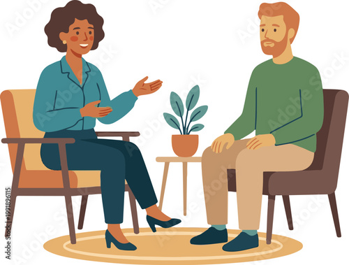 Cartoon illustration of a therapist and client having a counseling session, discussing mental health in a calm office setting.