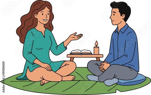 Cartoon illustration of a couple sitting on a mat enjoying a picnic and having a relaxed conversation outdoors.
