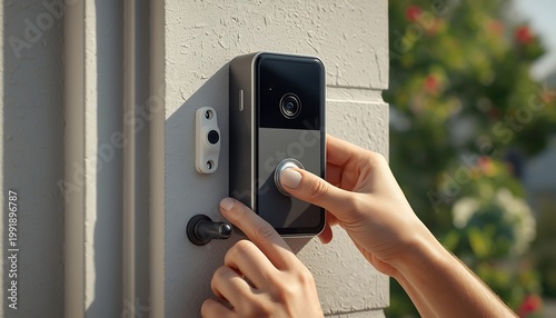 A hand presses the button on a modern smart doorbell installed on the exterior of a house.