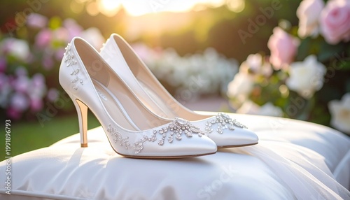 Elegant white high‑heeled shoes with lace embellishments placed on a soft cushion outdoors in a garden with blooming flowers and warm sunlight, symbolizing romance, serenity, and bridal beauty.