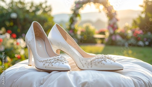 Elegant white high‑heeled shoes with lace embellishments placed on a soft cushion outdoors in a garden with blooming flowers and warm sunlight, symbolizing romance, serenity, and bridal beauty.
