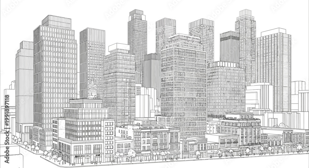 Fototapeta premium Detailed line drawing of a modern city skyline featuring numerous high-rise buildings and urban infrastructure.