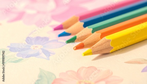 Close‑up of sharpened colored pencils arranged neatly in a row, showcasing vivid hues of blue, green, yellow, orange, red, pink, and purple on a pastel floral patterned surface, symbolizing creativity