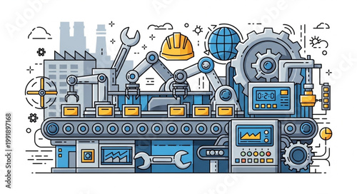 Automated Factory Production Line with Robotic Arms and Machinery.