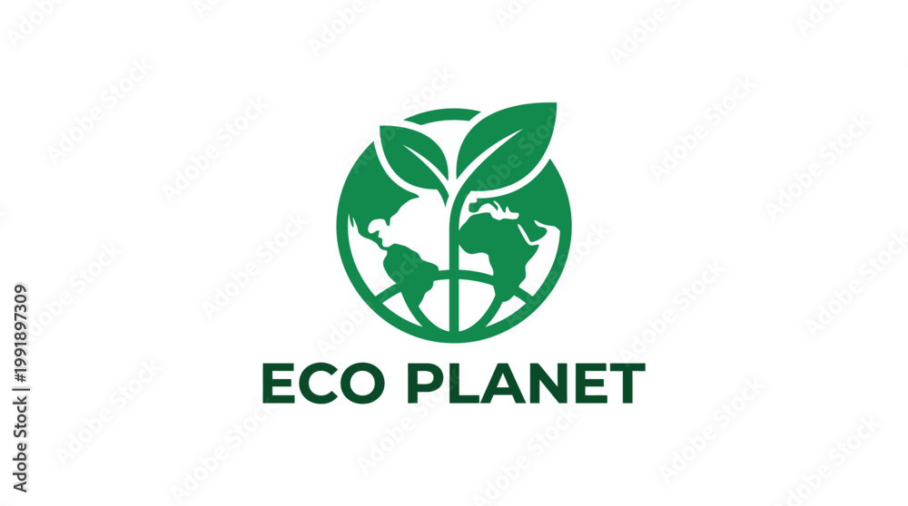 Fototapeta premium Eco Planet Logo Design - Green Earth and Leaves Symbol.