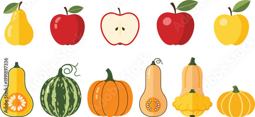 Autumn Fruits and Vegetables Set Featuring Apples Pear Pumpkin Squash and Watermelon in Flat Style for Harvest Season Food Illustration Design.