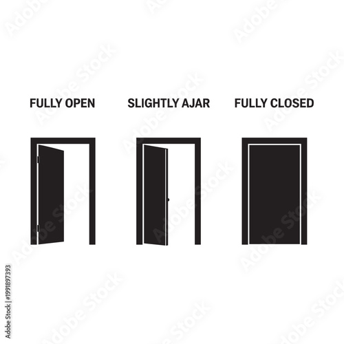Black and White Minimalist Door Status Icons: Closed, Ajar, and Open.