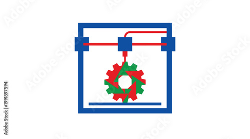 A precise 3D printer nozzle deposits molten material to construct a complex gear shape in this clean, flat, and highly geometric artistic illustration.