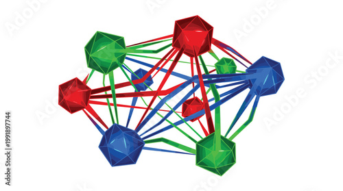 A complex 3D network structure composed of interconnected polyhedrons in vibrant red, green, and blue hues linked by thick, glowing lines on a white space.