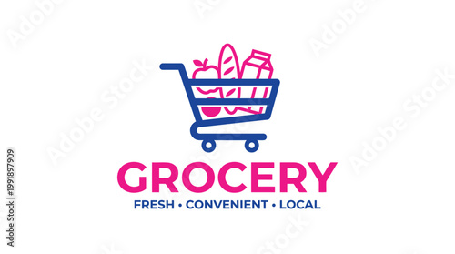 Grocery Shopping Cart with Fresh Food Items Logo.