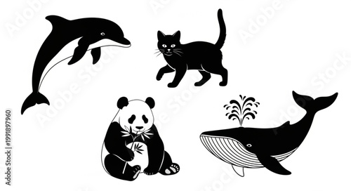 Collection of Four Black and White Animal Silhouettes.