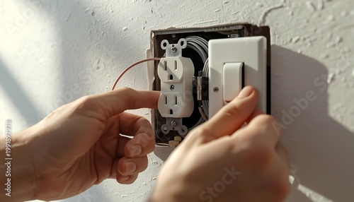 Hands are installing a new electrical outlet and switch into an unfinished wall with exposed wiring.
