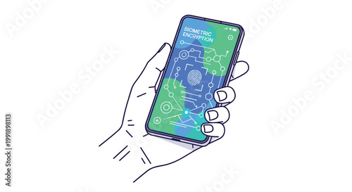 A hand firmly holds a modern smartphone displaying a sophisticated biometric encryption interface with glowing circuit lines and a central fingerprint icon.