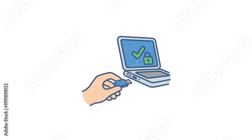 A hand carefully inserts a blue USB security key into a laptop port while the screen displays a green checkmark and a lock to confirm successful access.