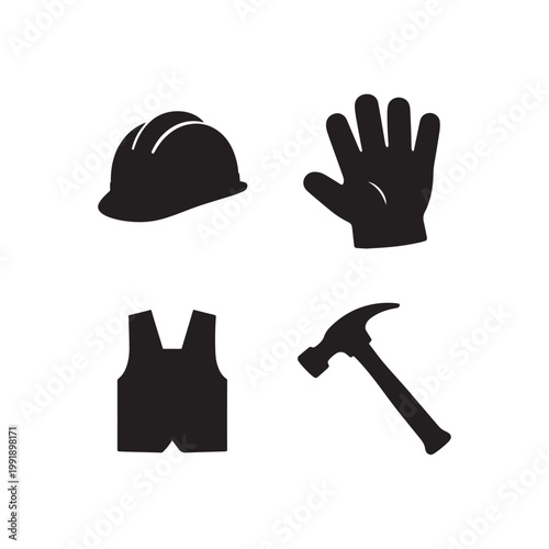 Black Silhouette Construction Safety Equipment And Hand Tool Flat Vector Icon Set.