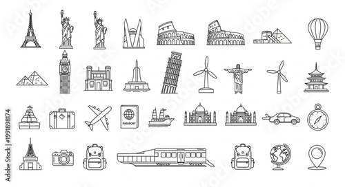 Collection of Famous Landmarks and Travel Icons.