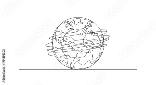 A single continuous black line elegantly forms the shape of a globe with intricate circuit board pathways circling the continents on a white background.