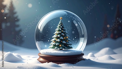 Snow globe with a decorated Christmas tree inside, placed outdoors on snowy ground, surrounded by a winter landscape with soft warm light, symbolizing festive magic, serenity, and seasonal beauty.