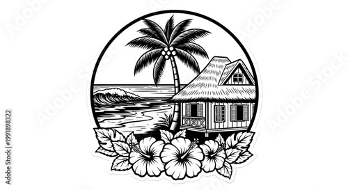 Black and white illustration of beach scene with hut and palm tree