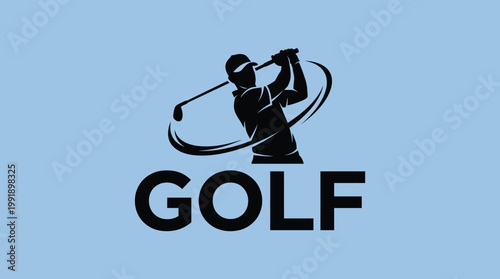Golf Player Silhouette Swinging Club with Golf Word.