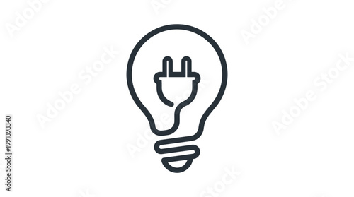 Minimalist lightbulb icon formed by a single continuous dark line incorporates an electrical plug feature within a clean and stark white background environment.