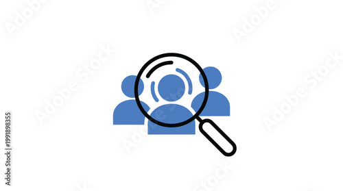 A black magnifying glass scans over a group of blue human icons, highlighting one specific person in the center within a bright white clean environment.