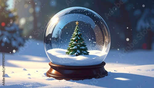 Snow globe with a decorated Christmas tree inside, placed outdoors on snowy ground, surrounded by a winter landscape with soft warm light, symbolizing festive magic, serenity, and seasonal beauty.