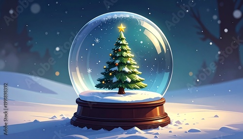 Snow globe with a decorated Christmas tree inside, placed outdoors on snowy ground, surrounded by a winter landscape with soft warm light, symbolizing festive magic, serenity, and seasonal beauty.