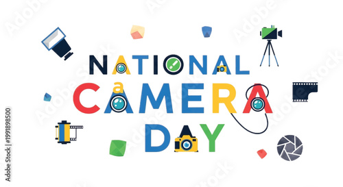 National Camera Day, photography icons, colorful vector graphics, camera equipment symbols
