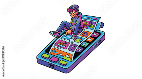 Person sits atop a large smartphone while interacting with a scrolling feed of colorful icons and images in a vibrant and energetic digital art environment.