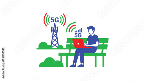A solitary individual works on a vibrant red laptop while seated on a lush green park bench near a towering blue cellular mast emitting 5G signals.