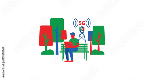 A person sitting on a park bench using a laptop under a 5G signal tower surrounded by colorful stylized trees in a vibrant and modern flat design style.