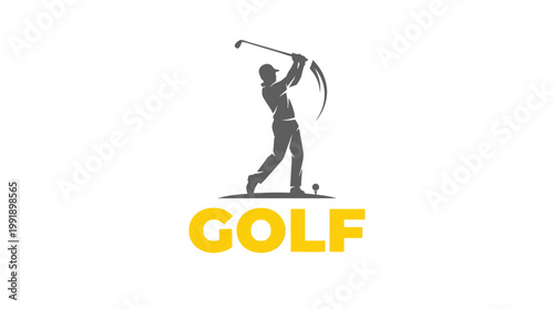 Golfer Swinging Club Silhouette with Golf Ball and Text.