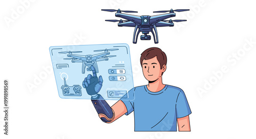 A young male technician operates a sophisticated drone flight control interface through a translucent holographic display using his advanced robotic arm.