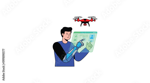 A man with a sophisticated robotic prosthetic arm manipulates a floating holographic interface panel while a small red drone hovers in the background.