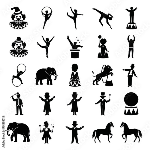 Circus Icons Set: Clowns, Acrobats, Animals, Performers, Magic