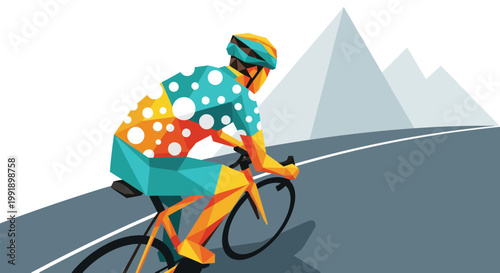 Cyclist Ascending Mountain Road, Geometric Style