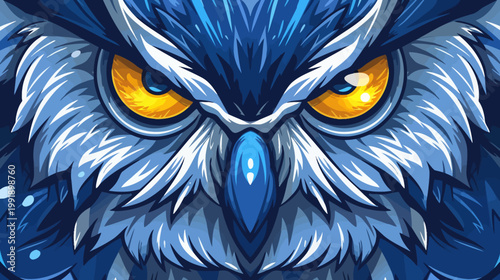 Close up illustration of an owl with detailed feathers and intense eyes