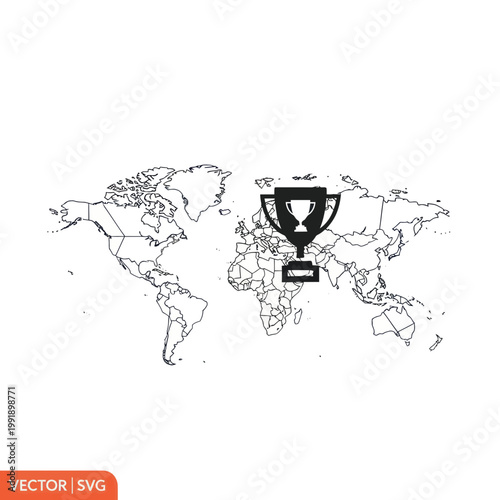 Global Championship Trophy on World Map Vector Icon