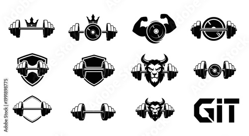 Fitness Logos Collection: Dumbbells, Barbells, Weights, Bull, Crown, Shield